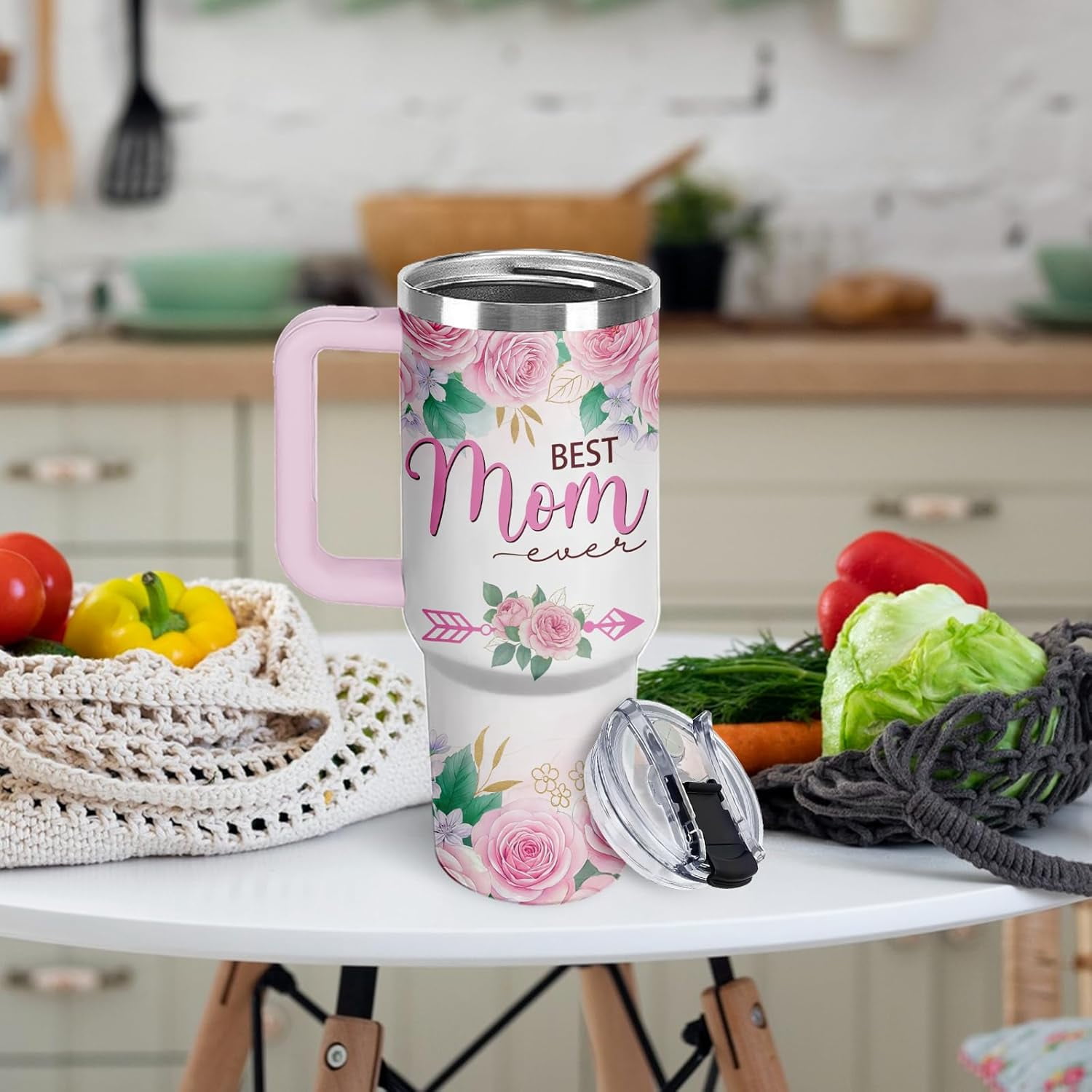 Best Mom Tumbler 40oz with Handle - World's Greatest Mom Gifts for Women, Insulated Travel Coffee Mug, #1 Moms Cup with Lid & Straw, Christmas Birthday Mothers Day Present