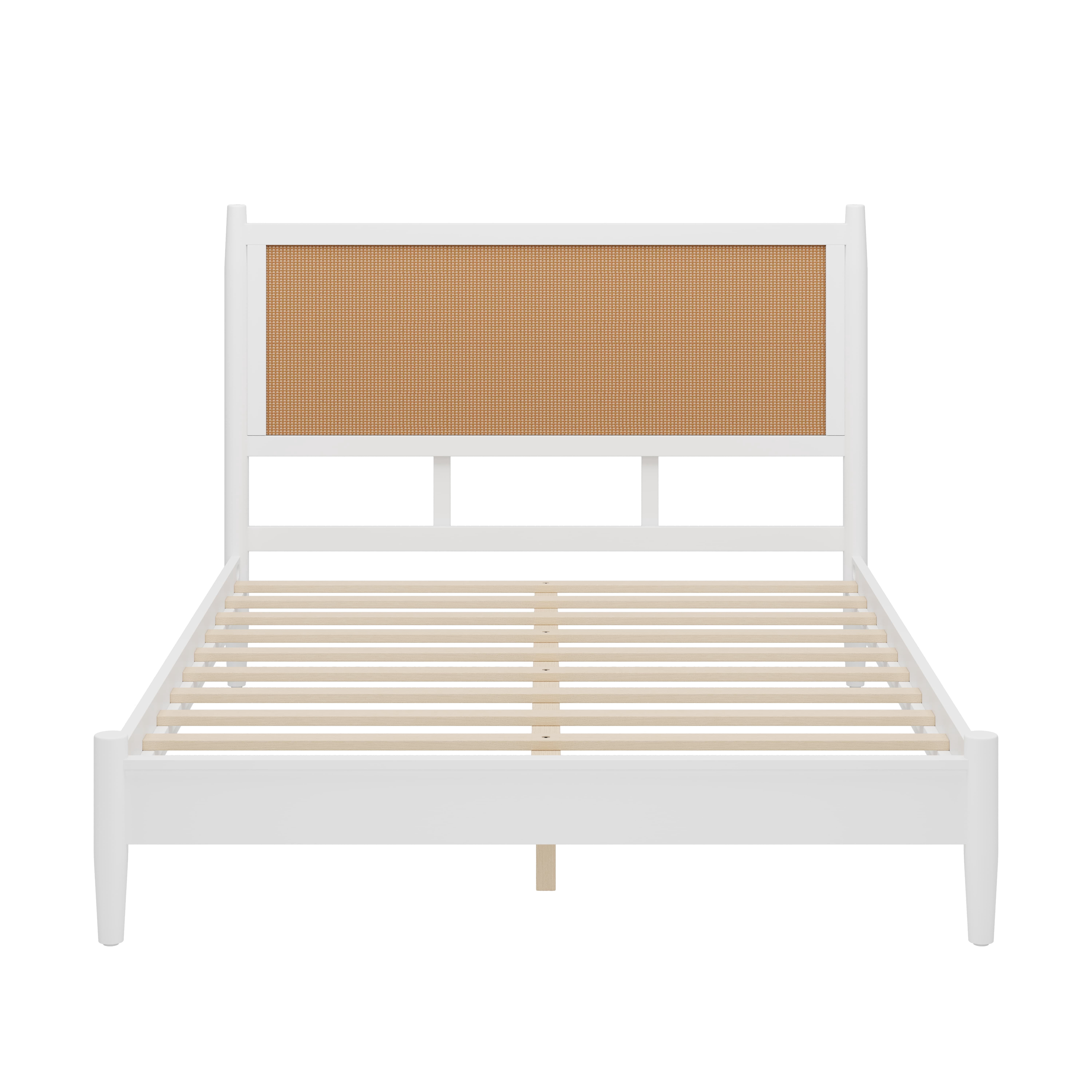 Euroco Modern Wood Queen Size Platform Bed with Rattan Headboard,Wicker Bed, No Box Spring Needed, White