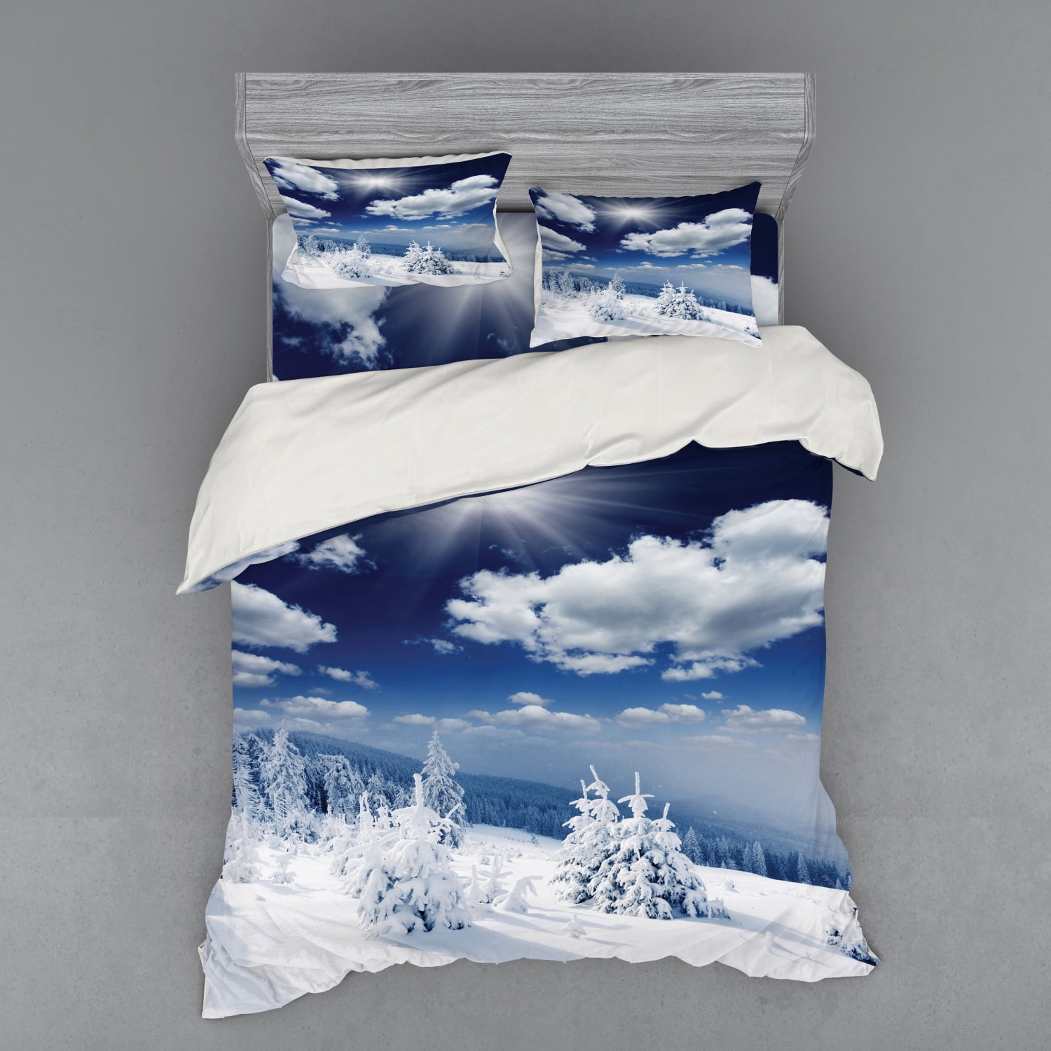 Winter Duvet Cover Set, Winter Landscape on Hills with Snowy Trees and