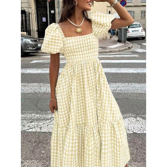 Apricot Gingham Square Neck Puff Sleeve Tiered Midi Dress For Women
