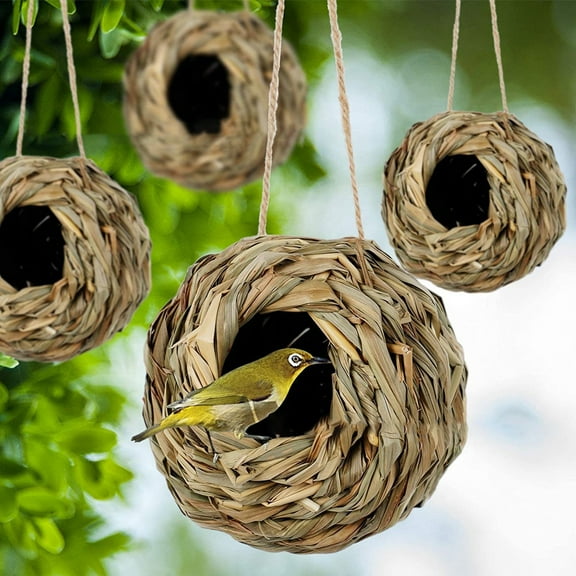 Anvazise Outdoor Bird Nest Natural Grass Hand Woven Large Space Spherical Straw Bed Habitat Cave Comfortable Hummingbird Nest Courtyard Hanging Bird Hut Garden Decoration S