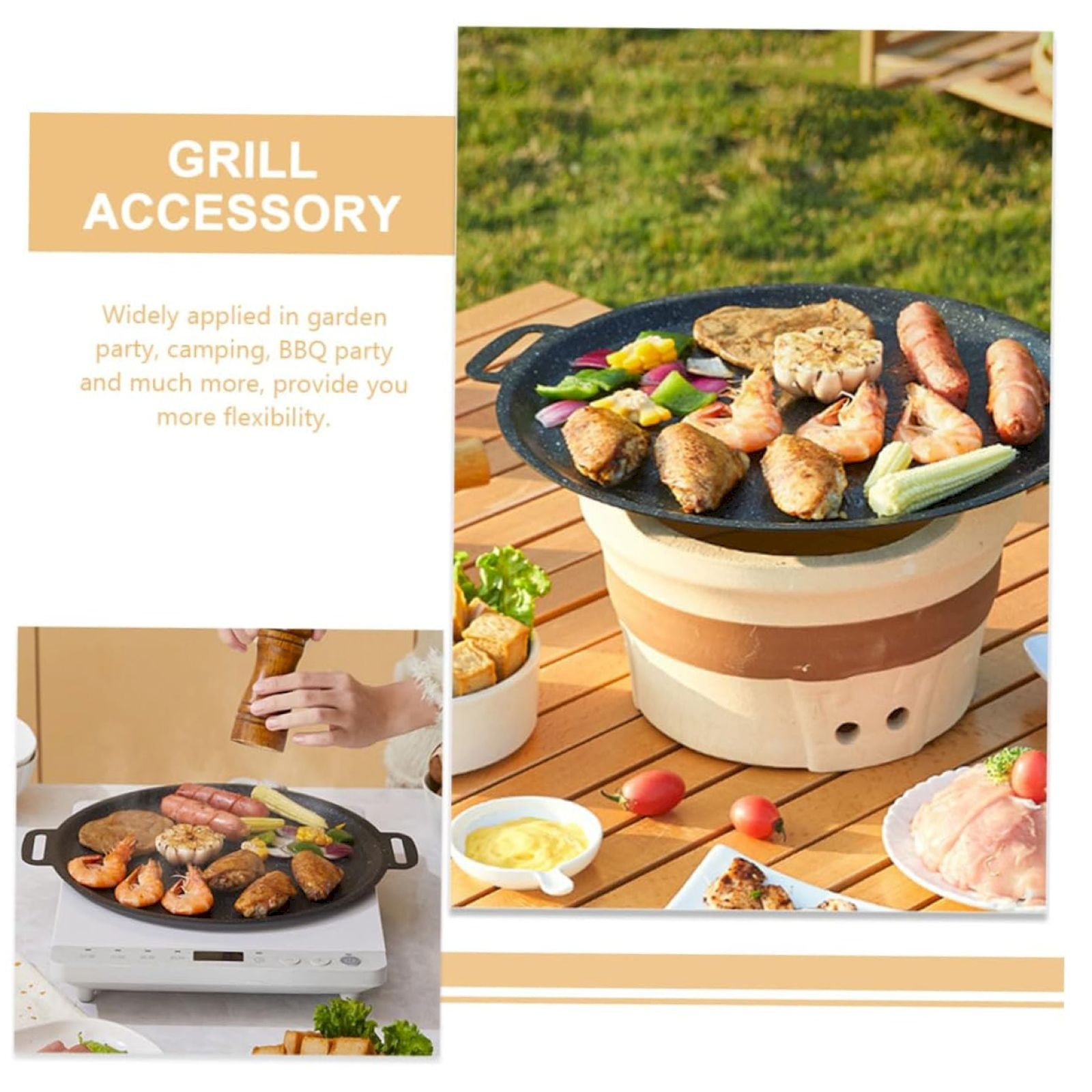 melotizhi Stick Pan Korean Grill Pan For / Stove Top Round BBQ Griddle Pan With Hangable Handles Portable BBQ Grill Flat Pans For Outdoor Home Baking Pancakes, 13.4 Inch