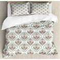 thumbnail image 1 of Damask Duvet Cover Set King Size, Bicolor Repeating Classic Ornament with Ethnic Floral Details and Swirls, Decorative 3 Piece Bedding Set with 2 Pillow Shams, Cocoa Sea Green White, by Ambesonne, 1 of 3