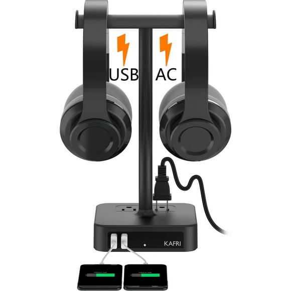 Soporte para auriculares KAFRI Dual con cargador USB, 2 puertos USB y 2 salidas