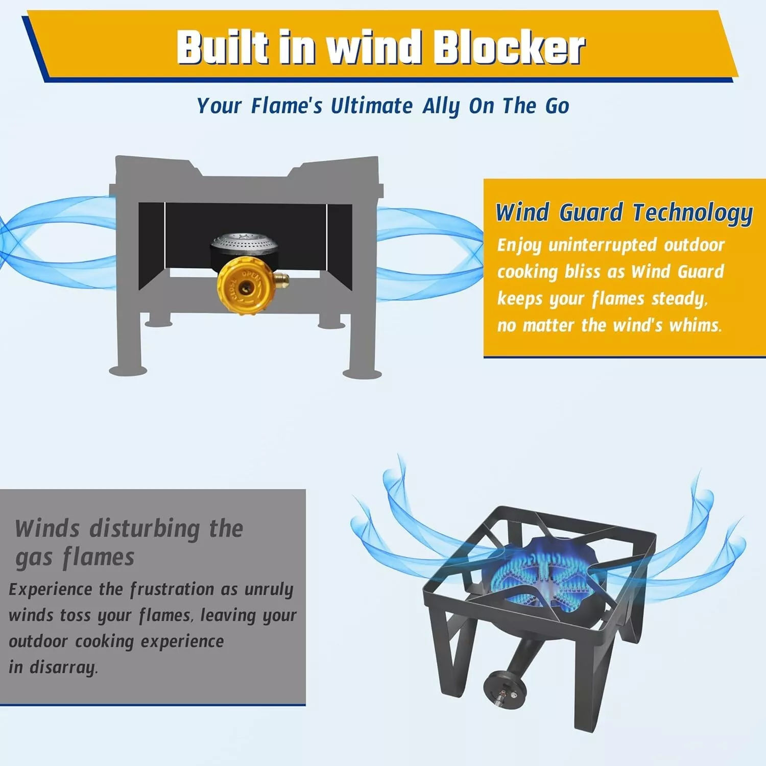large Propane Burner Gas Stove - High Pressure Square Single Burner Outdoor Patio Stove Propane Wok Burner Heavy Duty Outdoor Gas Burner With Regulator & Hose For Crawfish Boiler, Turkey Fryer