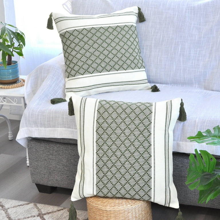 Decorative Throw Pillow Cover Olive Green Cream White With Boho Tassels 20x20 inch Single Piece Designer Woven Cushion Cover for Couch Pillows