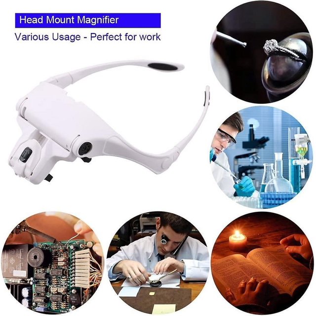 Lupas con 2 luces LED, auriculares con lupa frontal manos libres para coser, leer, joyería, manualidades (5 lentes desmontables)