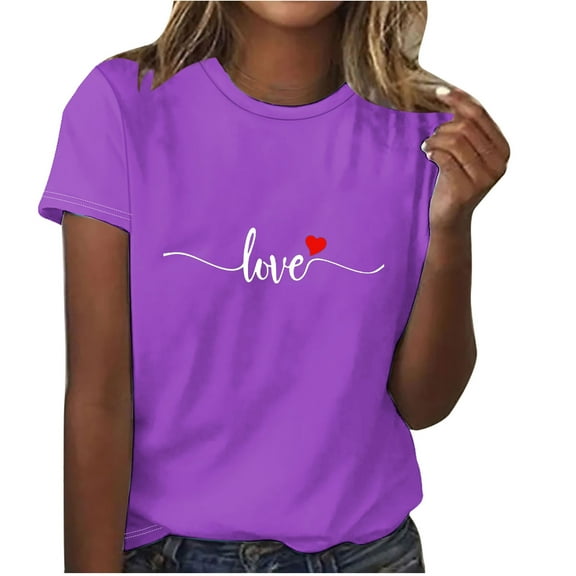 Fartey Womens Love Heart Graphic Tees Fashion Valentine's Day Short Sleeve Tops Soft Comfy Crewneck Casual T Shirts Loose Fit Holiday Blouses 2025 Purple S-3XL