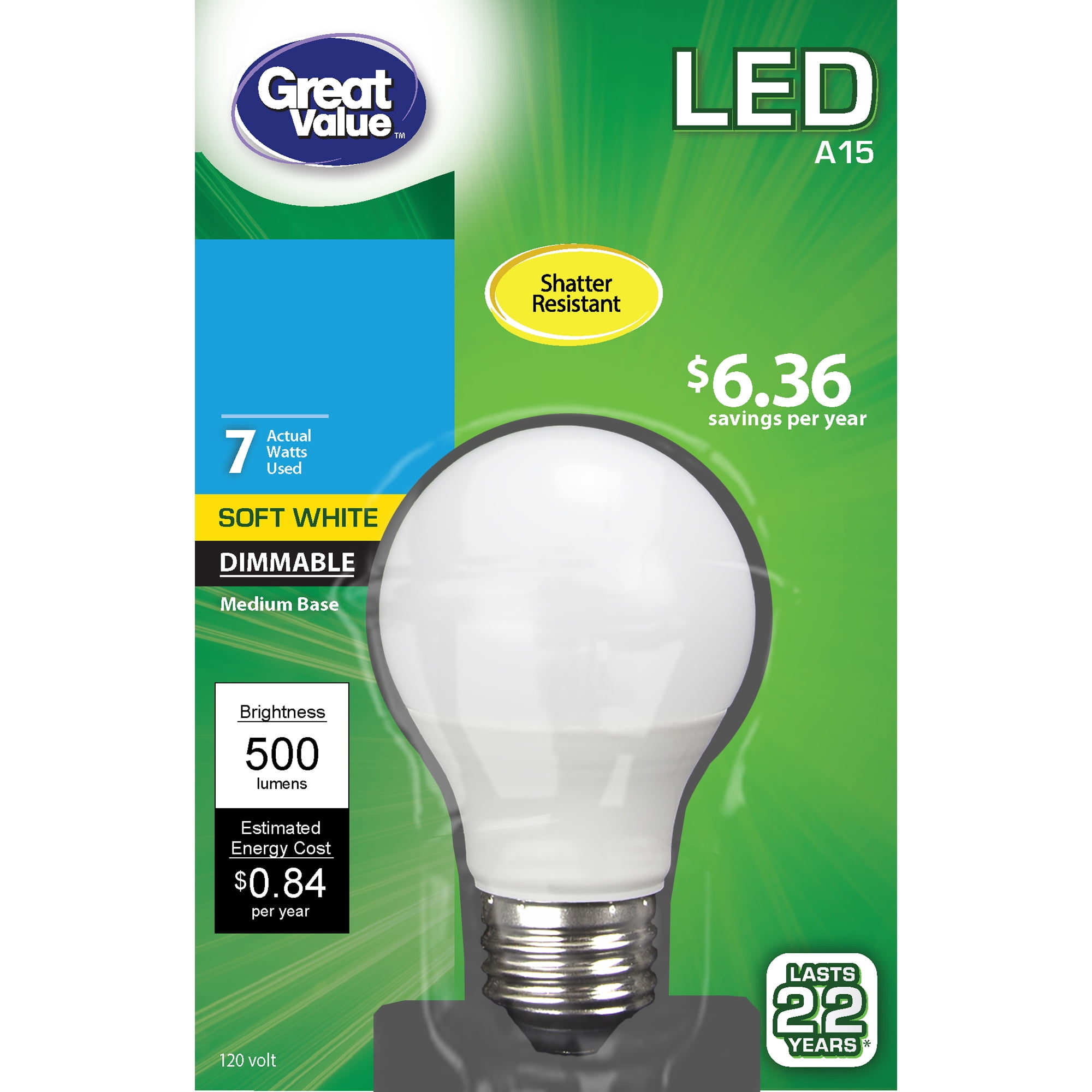 Great Value LED Light Bulb, 7W (60W Equivalent) A15 Ceiling Fan Clear Lamp E26 Medium Base, Dimmable, Soft White, 1-Pack
