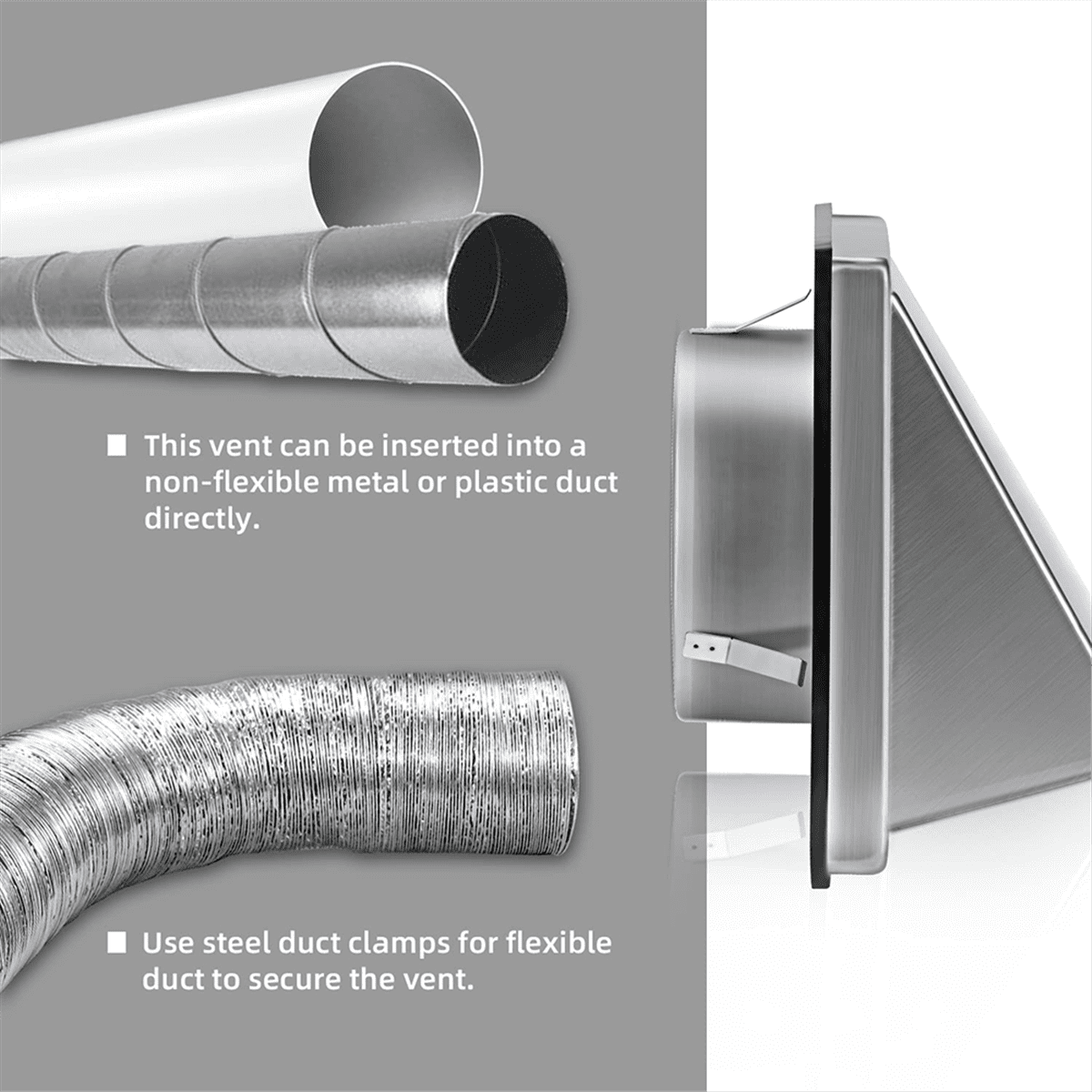Symkmb 4-Inch External Extractor Wall Vent Outdoor Cushioned Non Return Flap Stainless steel Silver
