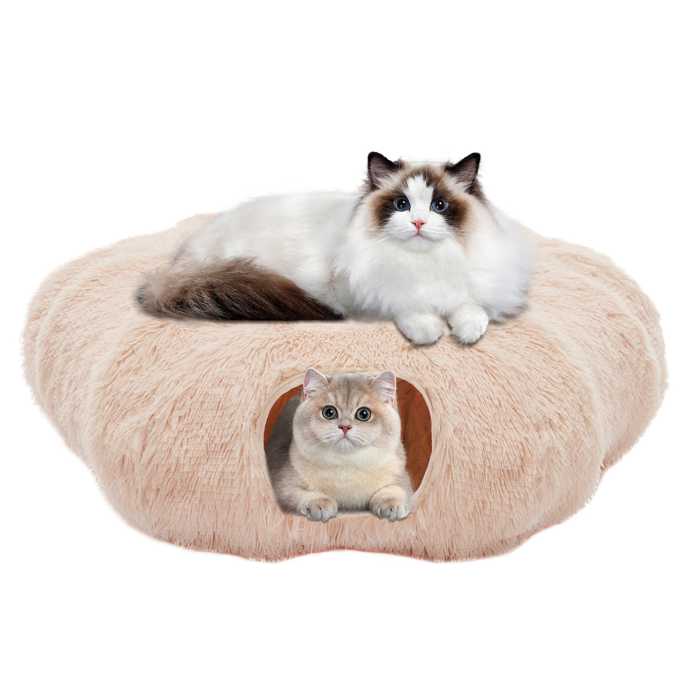 edx Cat Tunnel Bed for Indoor Cats, Soft Plush Peekaboo Hideaway Cave with Circle Cushion, Washable Multifunctional Playground Cat Donut Tunnel for Kittens, Rabbit, Ferret, Light Brown