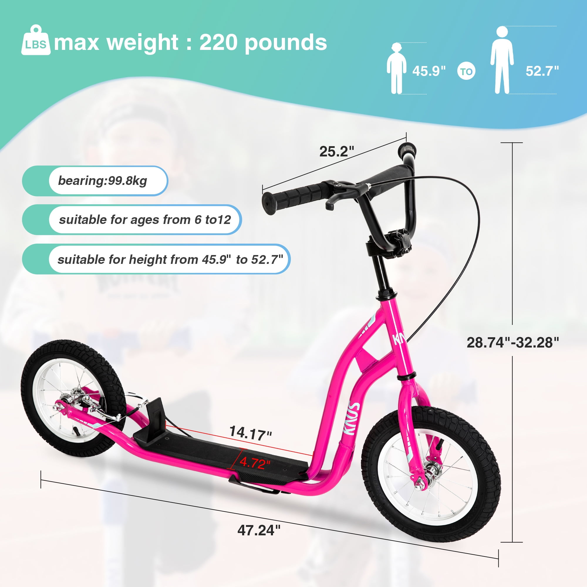 CIPACHO Youth Scooter Kick Scooter for Kids 5+ with Adjustable Handlebar 12" Front and Rear Dual Brakes Inflatable Wheels, Pink CIPACHO Youth Scooter Kick Scooter for Kids 5+ with Adjustable Handlebar 12" Front and Rear Dual Brakes Inflatable Wheels, Pink
