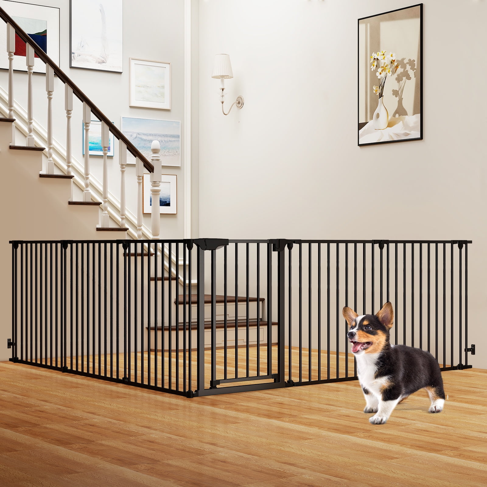 Gymax 6-Panel Adjustable Pet Safety Fence w/Auto-close Door & Double Locking System Black