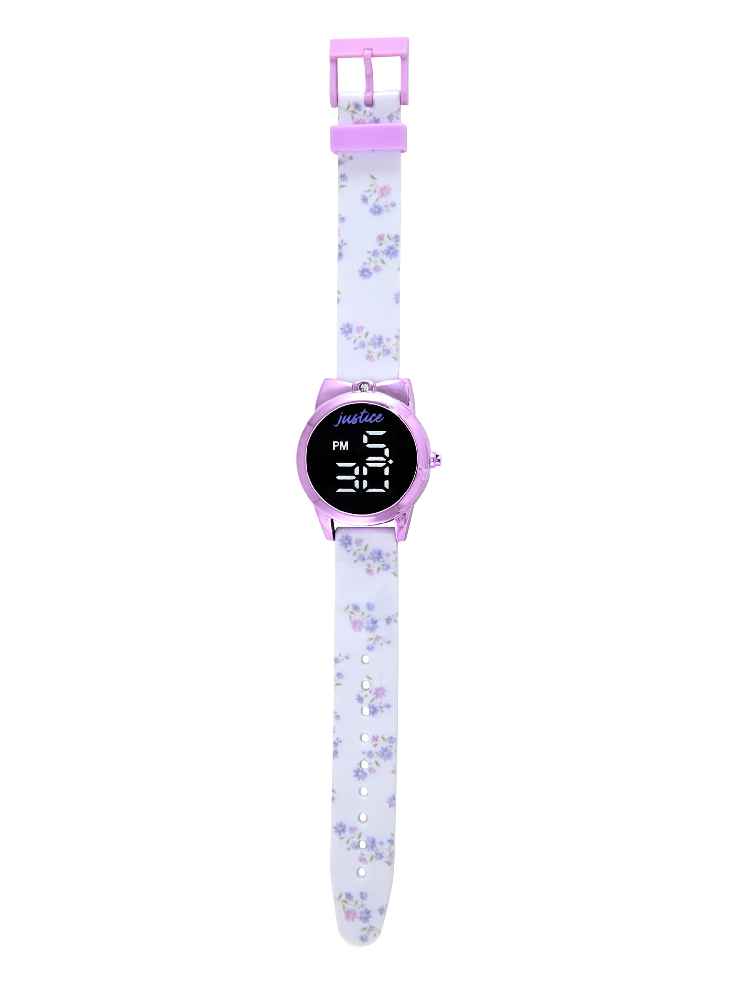 Justice Girls White Floral Printed Silicone Strap Watch with Purple Metallic Bow Shaped Case & Matching Stretch Bracelets; JSE40312WM