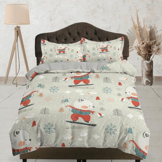 Invierno lindo oso polar ropa de cama, juego de funda nórdica y funda de almohada, ropa de cama con cremallera,