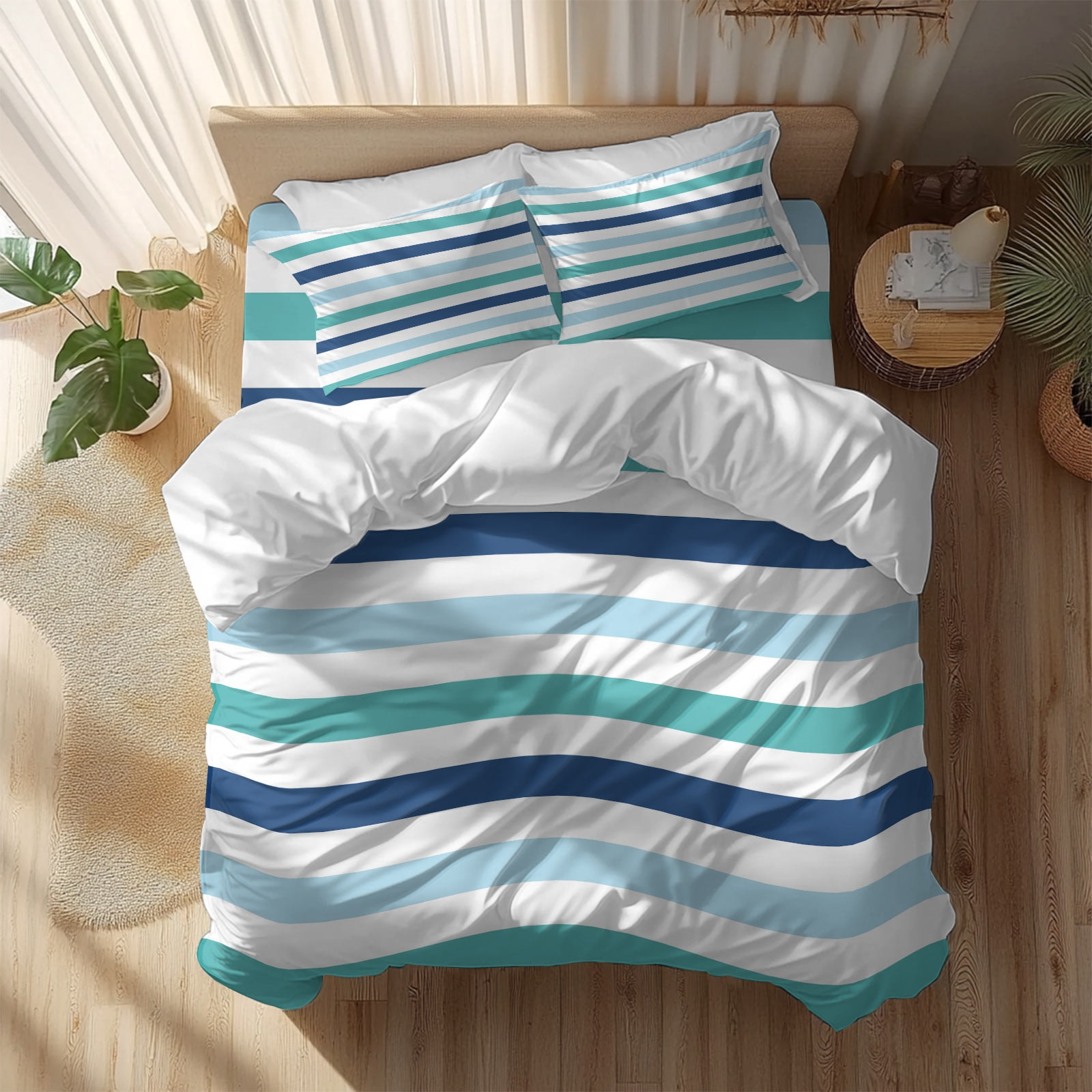 Blue Turquoise Navy Striped Duvet Cover Set Queen Size, Modern Minimalist Abstract Lines 4 Piece Soft Microfiber Bedding Set with 1 Duvet Cover, 1 Flat Sheet, 2 Pillowcases