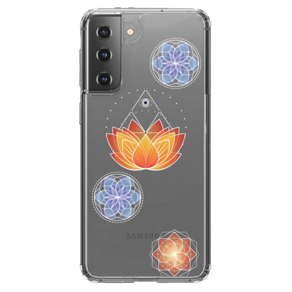 DistinctInk Clear Shockproof Hybrid Case for Galaxy S21  PLUS 5G (6.7" Screen) - TPU Bumper, Acrylic Back, Tempered Glass Screen Protector - Lotus Flower and Mandalas