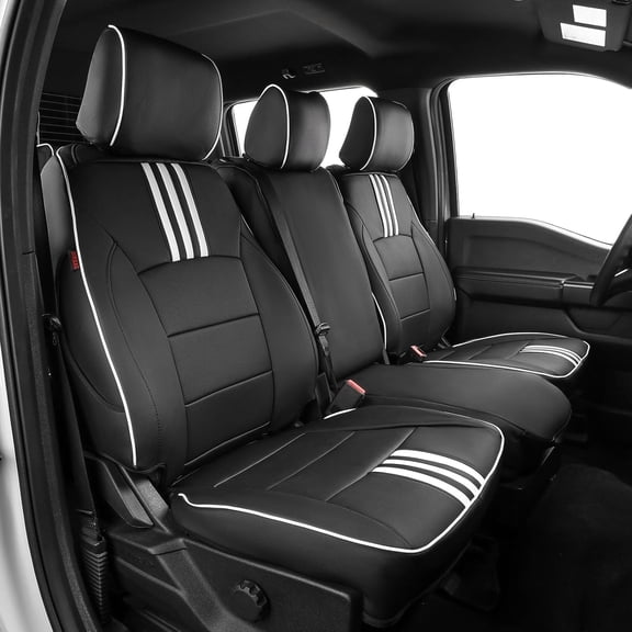 EKR Custom Fit F150 Car Seat Covers for 2015-2020 Ford F150 SuperCrew XL,XLT & 2017-2022 F250/F350/F450 SuperDuty CrewCabXL/XLT - Leather(Black with White Trim)