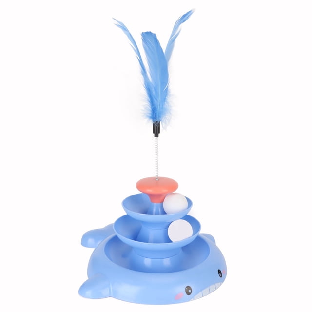 Juguete de torre de bolas para gatos, pista para mascotas desmontable de 3 niveles, juguete interactivo con pluma de burla para ejercicio de gatito, azul