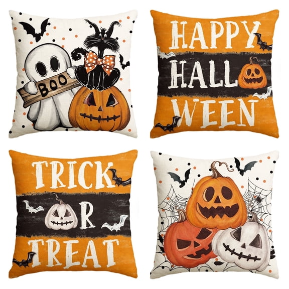 Sm:)e Jack-O'-Lantern Trick or Treat Truck Ghost Happy Halloween Throw Pillow Cover 18 x 18 Inch Polka Dot Decorative Outdoor Cushion Covers Set of 4