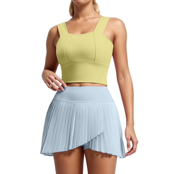 Arlun Yoga Gym Sweatsuits Women 2 Piece Outfits Fast Dry Vest Style Sleeveless Crop Tops and Pleated Tennis Skirts with Pockets Breathable Solid Color Fitness Sports Sets Yellow XL