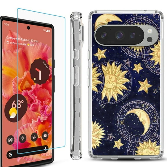 For Google Pixel 9 / 9 Pro Phone Case Cover, Shockproof Bumper Case with Tempered Glass Screen Protector, by OneToughShield - Moon Sun Star