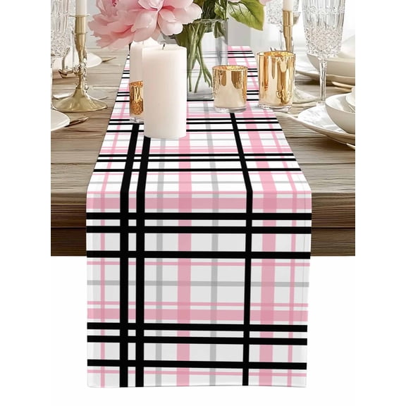 Table Runner Pink Buffalo Plaid Table Runners Black Check Stripe Cotton Linen Dresser Scarf Kitchen Dining Table Decor for Home Dinner Party Decor 13x72 Inch