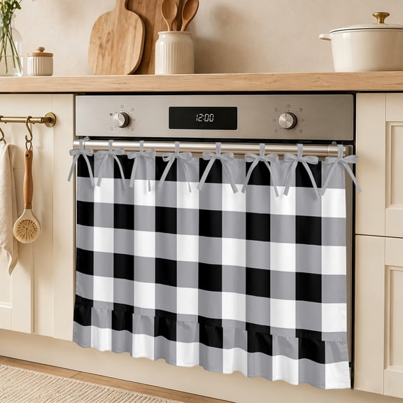 Vintage Farmhouse Oven Skirt Curtain for Door Black White Buffalo Check Plaid Stove Cover with Ruffled Trim & Ribbon Ties, Appliance Cover for Dishwasher Cabinet Kitchen Decor 27x20 Inch