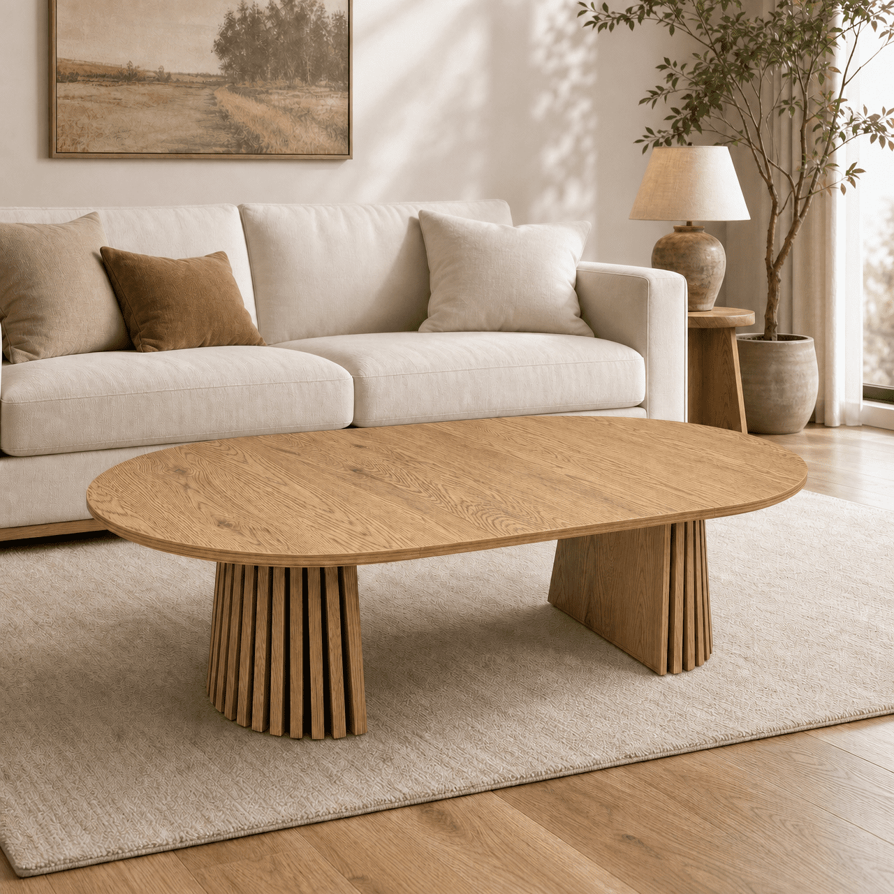 Extendable Round Coffee Table 55 Inch, Wooden Oval Table with Slatted Legs for Living Room Office, Beige and Natural