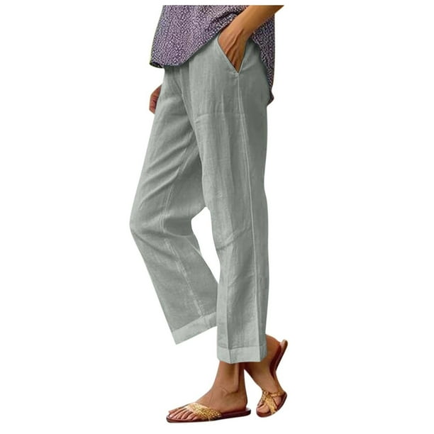 Pantalones lisos elásticos de cintura elástica para mujer: cintura media, bolsillos, corte recto, poliéster, ligeros, para combinar con camisetas/camisetas sin mangas.
