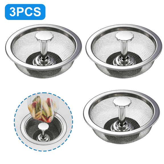 3 Pack Stainless Steel Sink Strainer with Stopper, Fine Mesh Kitchen Sink Drain Filter, Multi-Function Sink Drain Basket for Standard Kitchen Sink