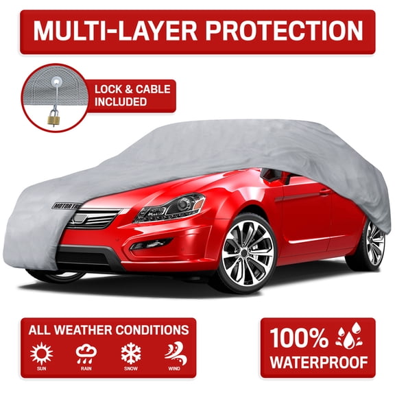 Motor Trend All Weather Protection, Universal Fit Car Cover, UV and Water Proof, Secure Lock & Bag Included