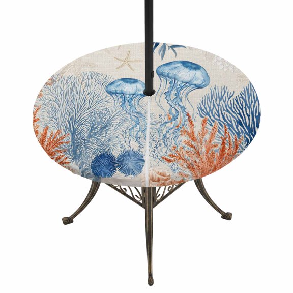 Round Outdoor Tablecloth with Umbrella Hole and Zipper, Blue Coastal Jellyfish Tablecloth with Elastic Waterproof, Country Nautical Ocean Creatures Patio Table Covers for 55" - 60" Pool Tables