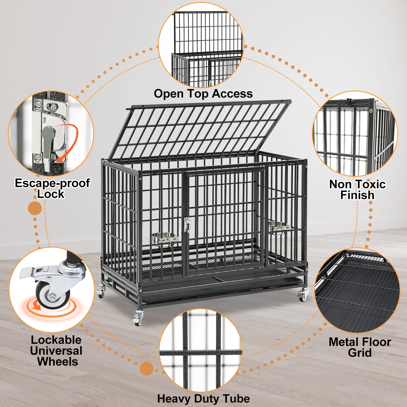 Homey Pet 37 Inch Stackable Heavy Duty Dog Crate Indestructible, Escape Proof Dog Cage with Wheels, Tray, High Anxiety Dog Kennel Indoor Double Door, Collapsible Dog Crates for Medium Dogs