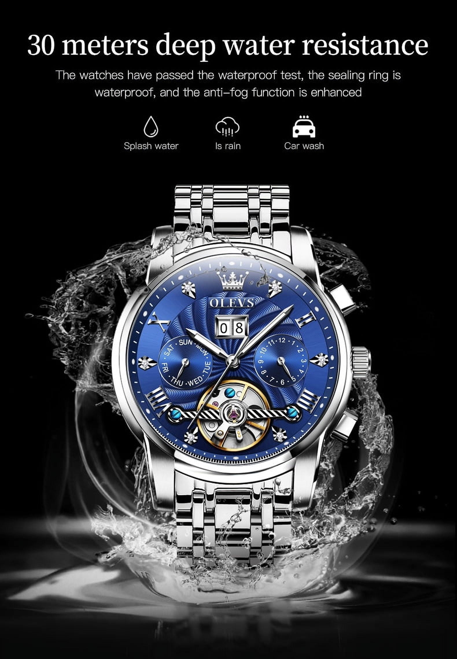 OLEVS Watch for Men Automatic Skeleton Tourbillon Mechanical Self Winding Business Luxury Dual Calendar Stainless Steel Luminous Waterproof Man Wrist Watches Blue Dial