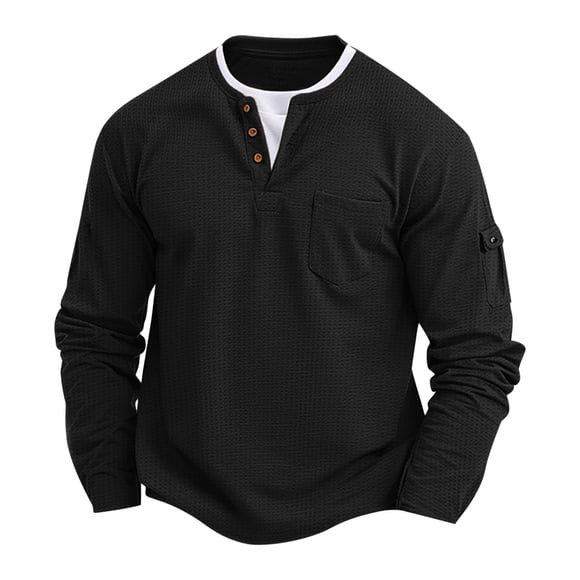 pstuiky camisetas de manga larga para hombre, Camisa informal de manga larga con cuello en V y bolsillos de color liso para hombre Tops de hombre xl