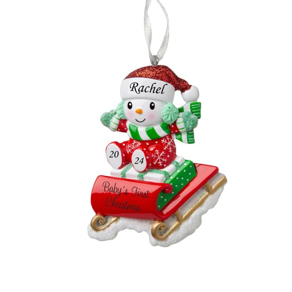 2024 Personalized Ornament Baby's First Christmas Gender Neutral Snowbaby on Sled Christmas Tree Ornament Artisanal Customized Glittered Decoration Baby Ornaments-Free Personalization