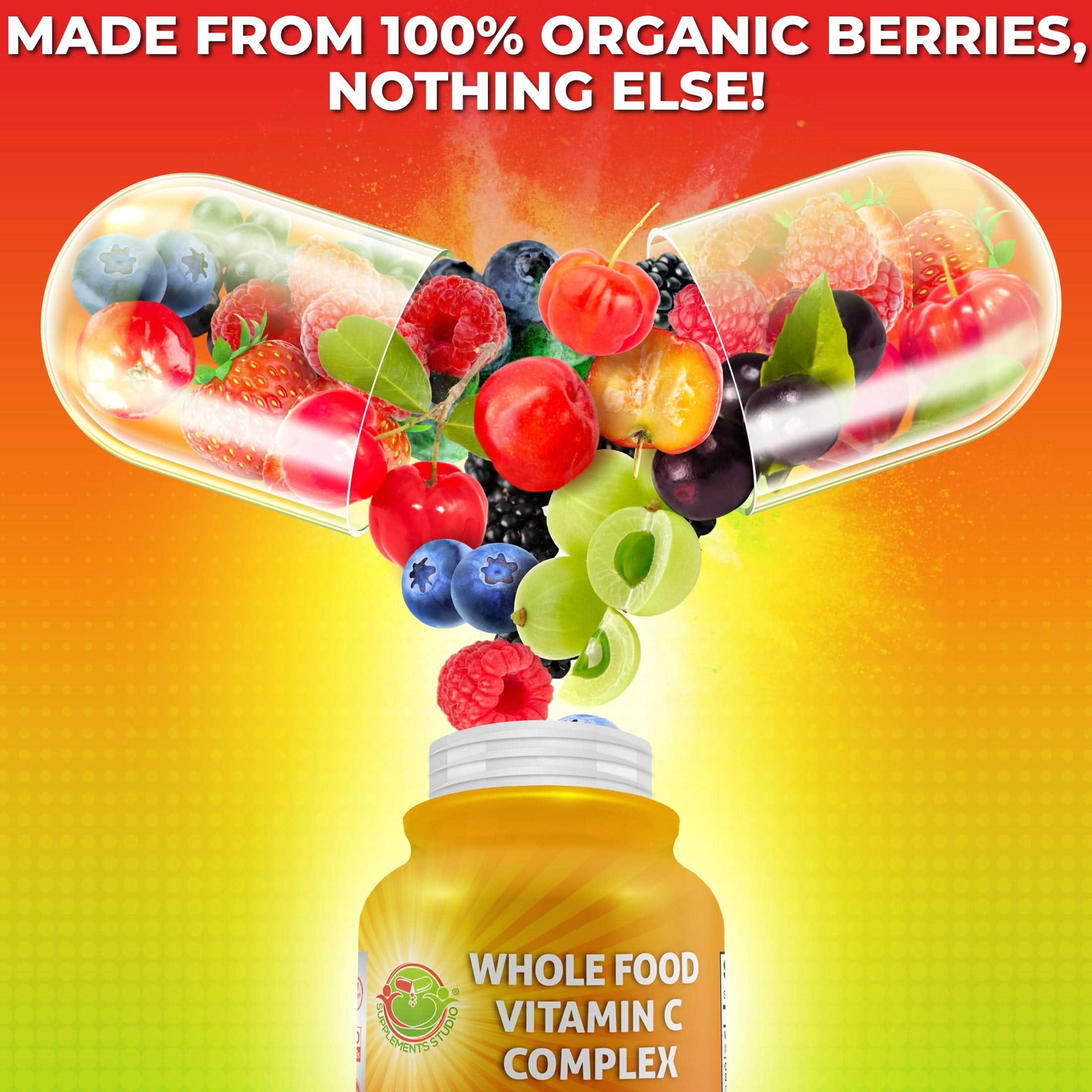 Whole Food Vitamin C Complex - 1450mg Organic Berries - 675 mg Vitamin C per Serving, High-Potency Antioxidant & Immune Support with Acerola, Amla and Natural Bioflavonoids - Vegan, Non-GMO, 120 Ct