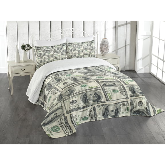 Ambesonne Money Quilted Bedspread Set 3 Pcs, Bills with Ben Franklin, Queen Size, Pale Green Grey