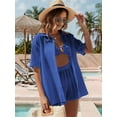 thumbnail image 6 of Swim Cover Up for Women Button Down Long Sleeve Shirt and Shorts Bikini Swimsuits Beach Cover Up Set Royal Blue S, 6 of 8
