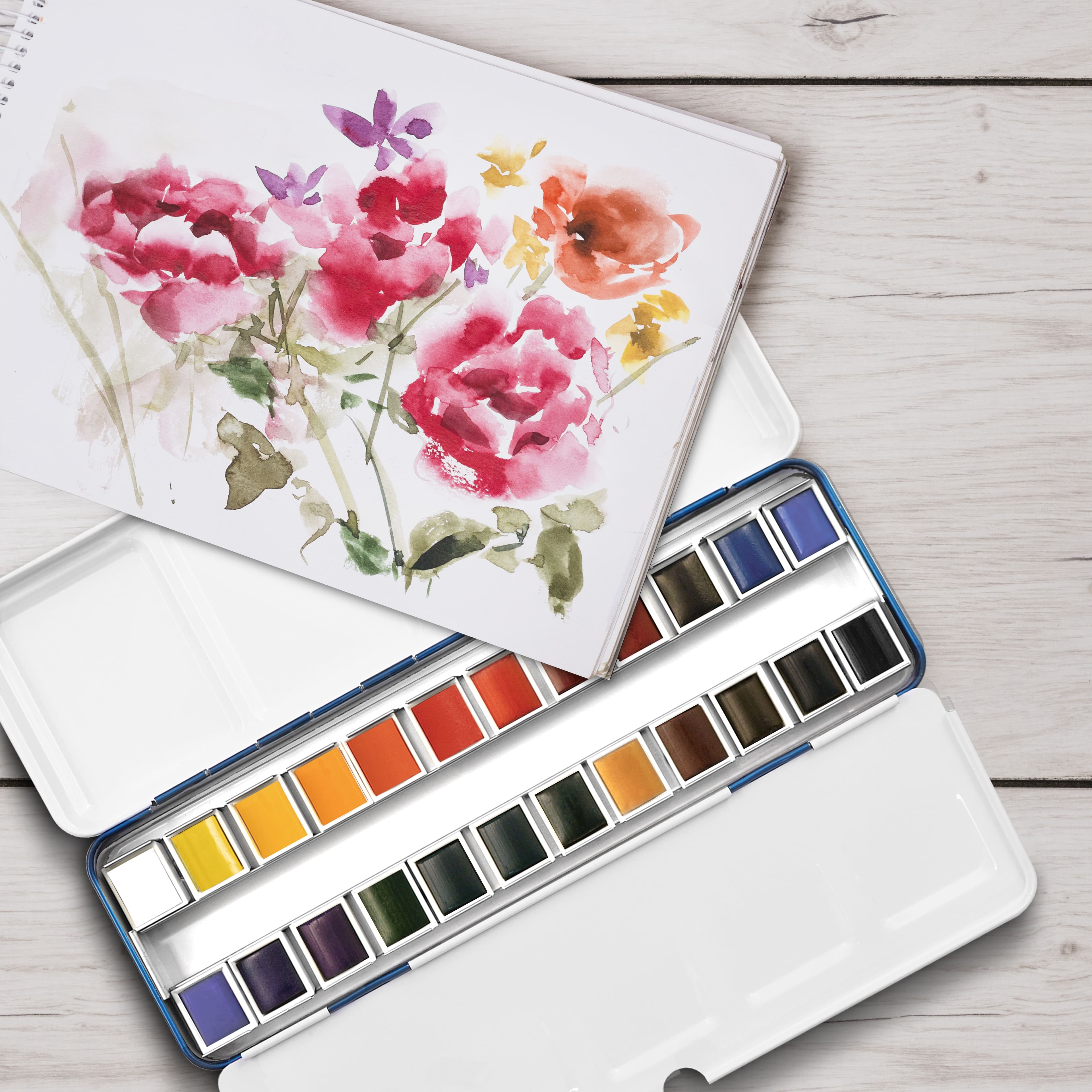 24 Half Pans Classic Watercolor Set by Artist's Loft - Highly Pigmented Colors in Metal Tins – Ideal for Watercolor Painting - Mixed Media - and Travel - 6 Pack