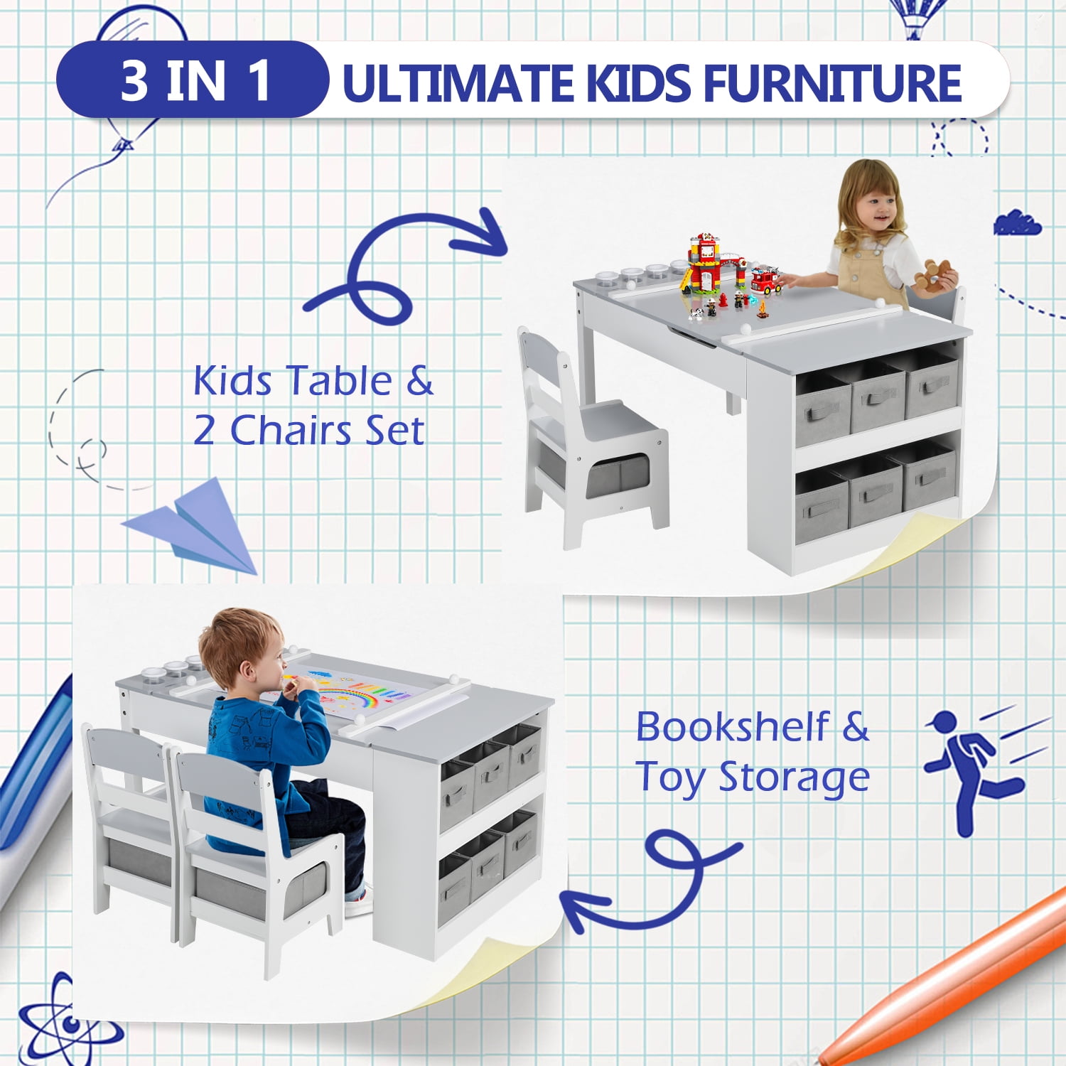 LINLUX Kids Table and Chair Set with Paper Roll, 3-in-1 Activity & Drawing Table, Toddler Art Desk with Storage Shelves, Children Study Play Table Set, Grey