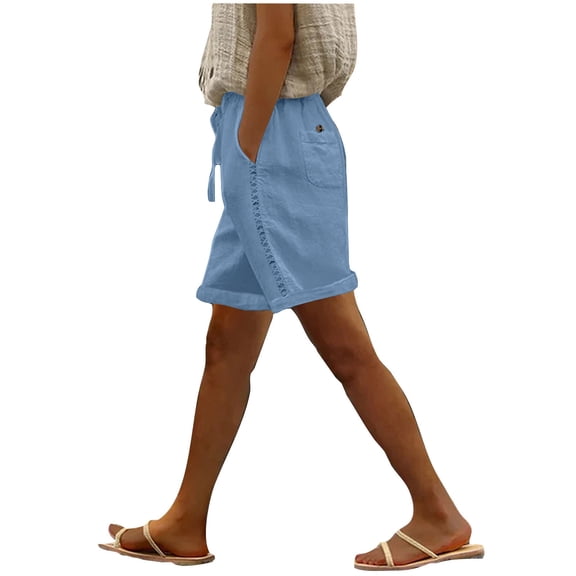 GUACER Women's Linen Shorts Fashion Bermuda Drawstring Pockets with Hollow Side Beach Shorts