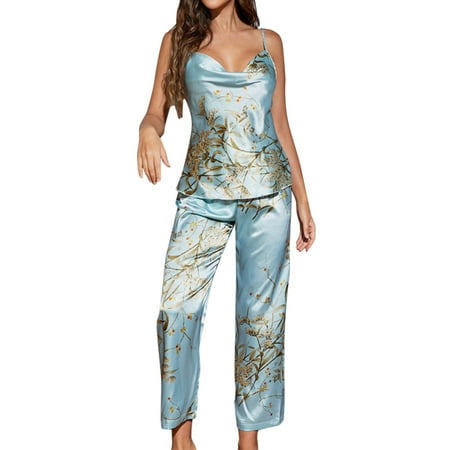 

Little Cherry Print Pajamas Set Spring And Summer Suspenders Trousers Two Piece Set Summer Thin Ice Silk Home Clothes For Women