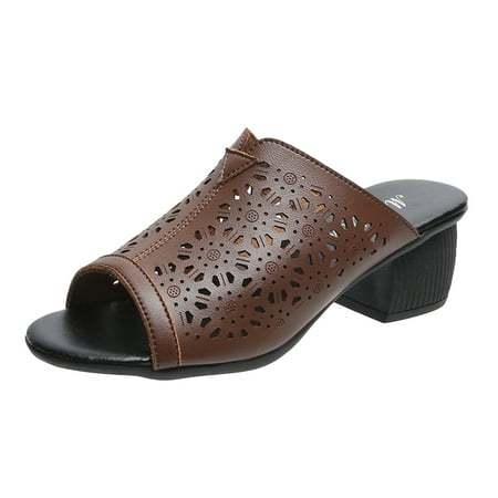 

Aompmsdx Ladies Fashion Summer Solid Color Hollow Carved Thick High Heel Retro Sandalssandals