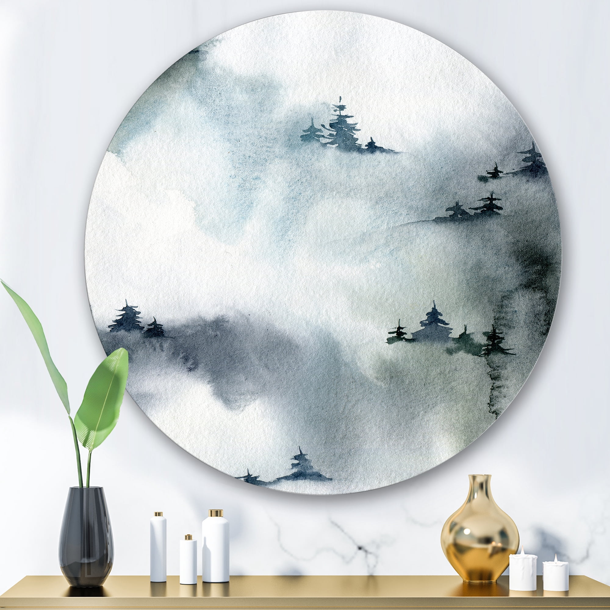 Designart 'Minimalistic Snowy Fir Trees With Winter Forest' Modern Circle Metal Wall Art 36x36 - Disc of 36