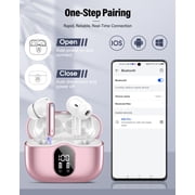 Wireless Earbuds, Bluetooth 5.4 Headphones Bass Stereo, Ear Buds with Noise Cancelling Mic, LED Display in Ear Earphones Clear Calls, IP7 Waterproof Bluetooth Earbuds for Laptop/Phones, Rose Gold