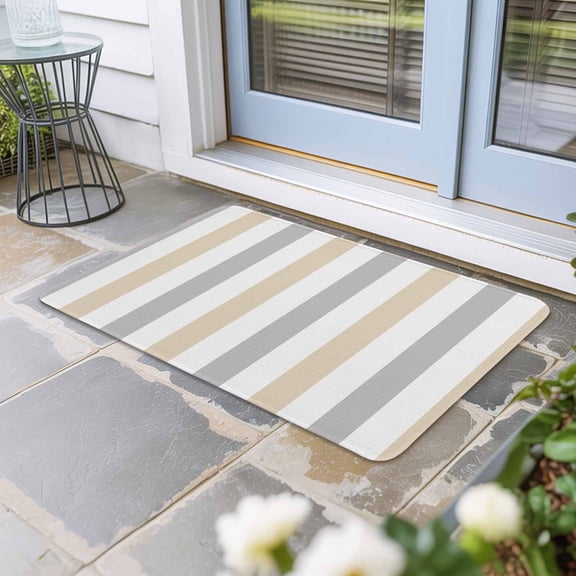 Beige Grey Striped Door Mat Indoor Outdoor, Minimalist Farmhouse Stripe Non Slip Welcome Mat with Rubber Backing, Absorbent Fabric Front Door Mats Entryway Rug for Home Patio Entrance 18"x30"