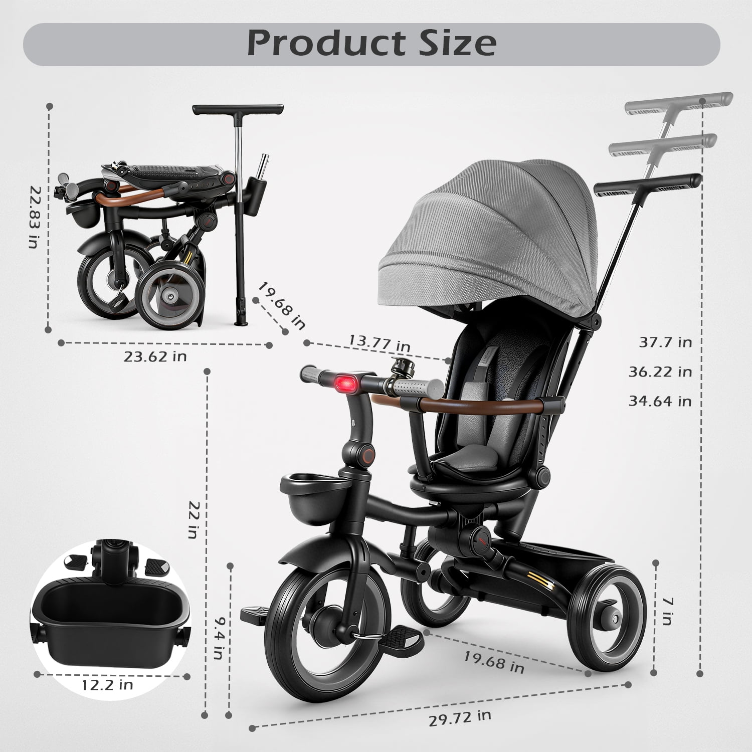 JoyStone 7 in 1 Foldable Tricycle Stroller for Toddler, Baby Tricycle with Adjustable Canopy, Parent Handle, Removable Pedals, Seat Belt and Storage Basket, Kids Bike for Ages 1-6 Boys & Girls, Grey
