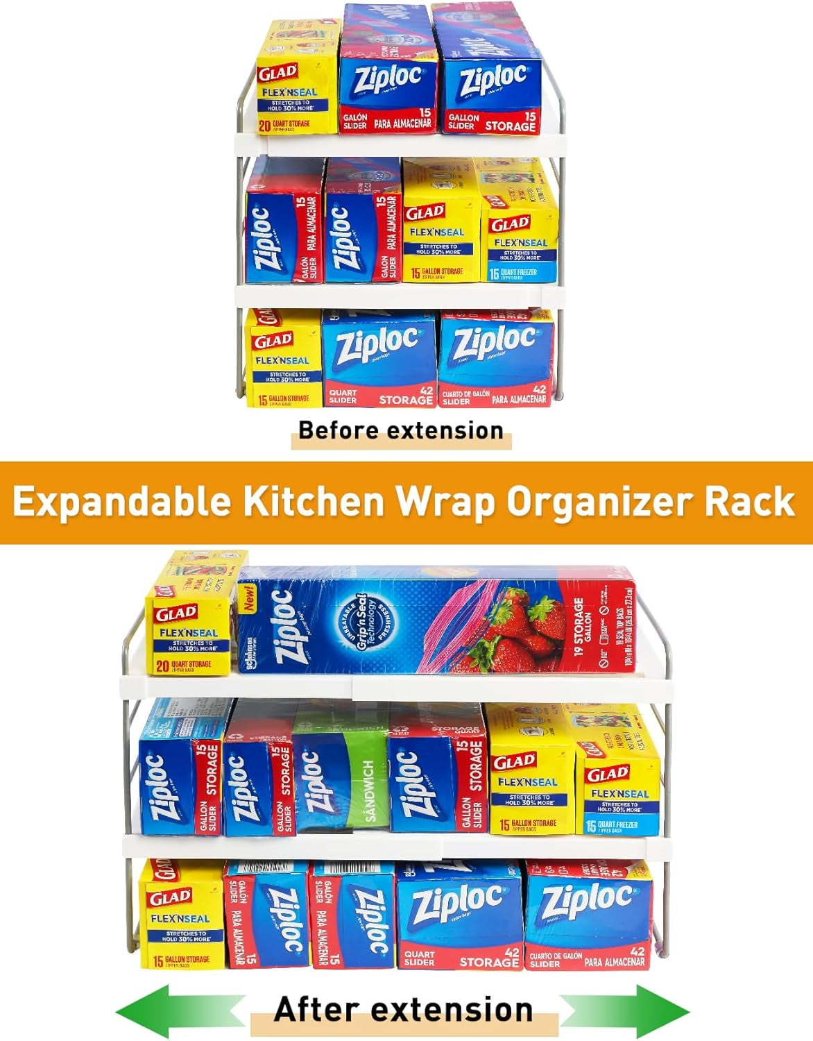 Foil and Plastic Wrap Organizer, Expandable Kitchen Pantry Storage, Height Adjustable Cabinet Rack for Kitchen Organization, Aluminum Foil -3 Tier 9.8" to 15.6"L
